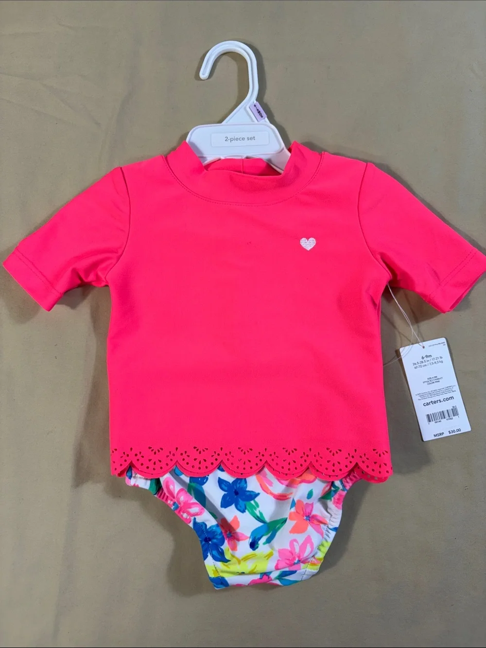 Carter's NWT Pink Eyelet Rash Guard Floral Bikini Bottoms 2-Piece Swim Set 6-9M